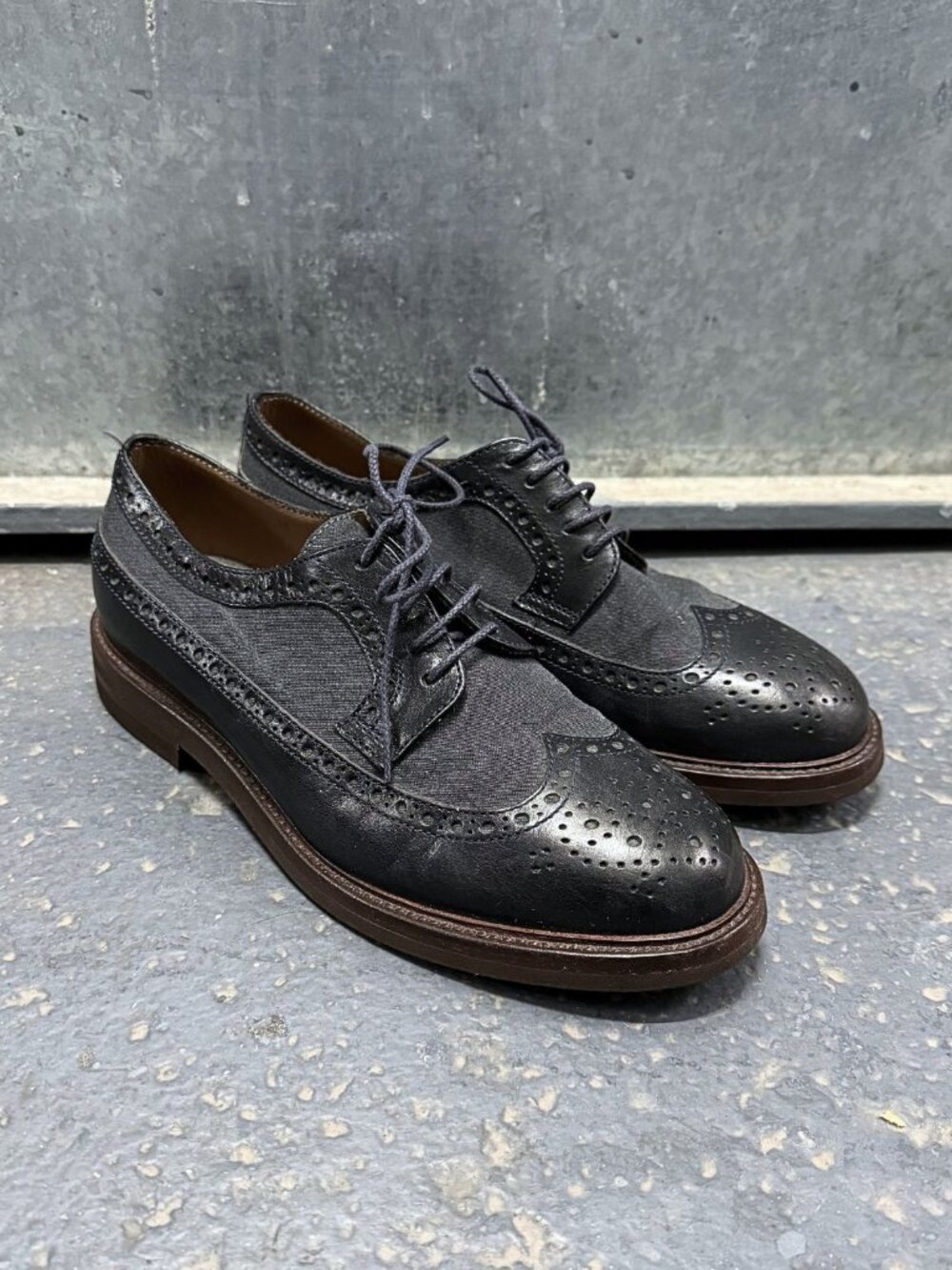 BRUNELLO CUCINELLI NAVY LEATHER CANVAS BROGUE WINGTIP OXFORD SHOES